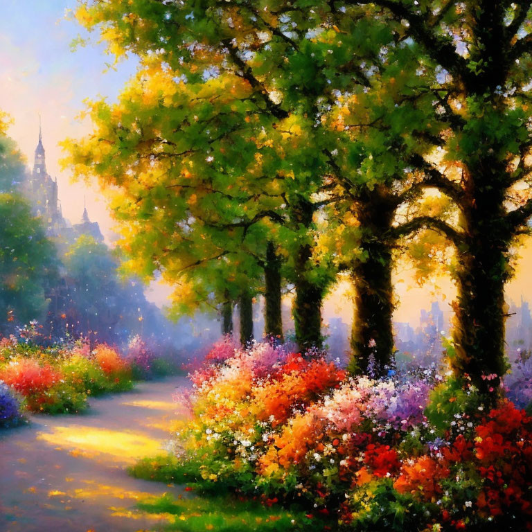 Colorful sunlit park path with blooming flowers and trees casting shadows