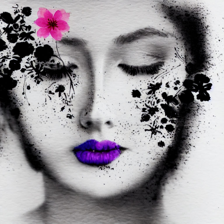 Monochrome woman's face with vibrant purple lips and ink blots, pink flower near temple