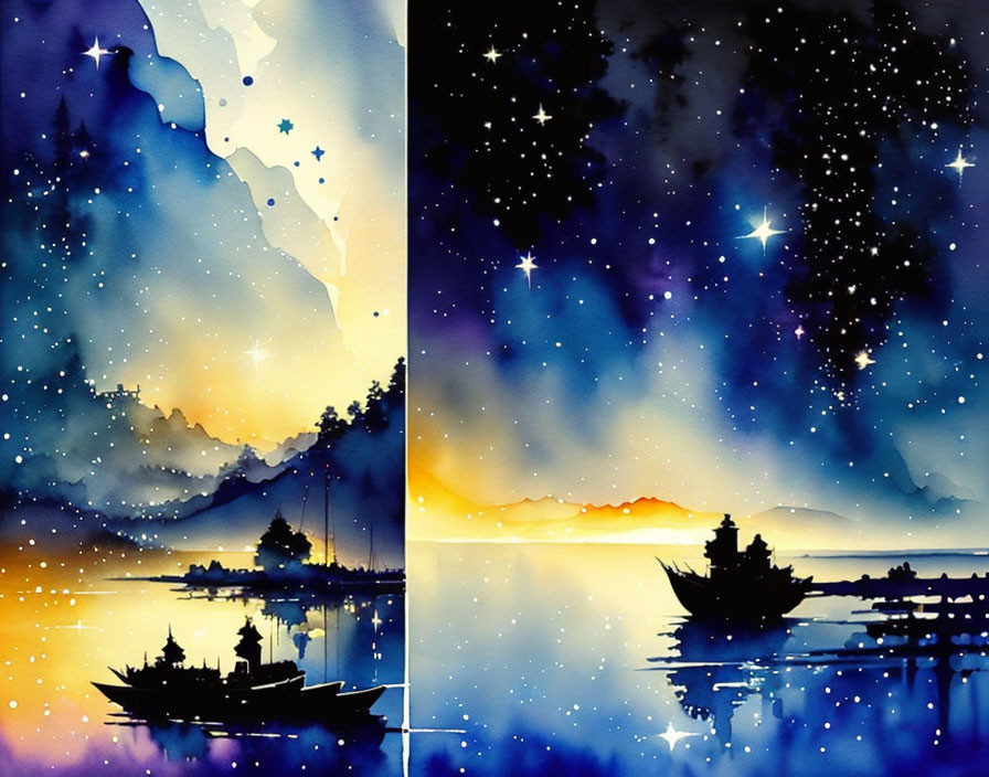 Watercolor diptych: Twilight & Nighttime Scenes with Silhouetted Boats, Sh
