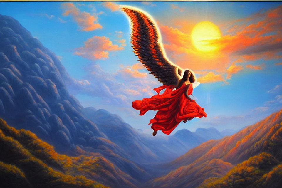 Winged figure in red dress flying over mountain landscape at sunset