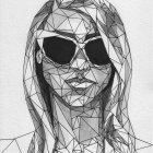Geometric monochrome illustration of woman's face with intricate polygonal patterns.
