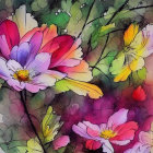 Vibrant Purple Flowers with Yellow Centers in Watercolor