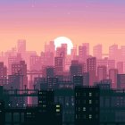City Skyline Painting: Sunset Silhouette with Pink and Purple Sky