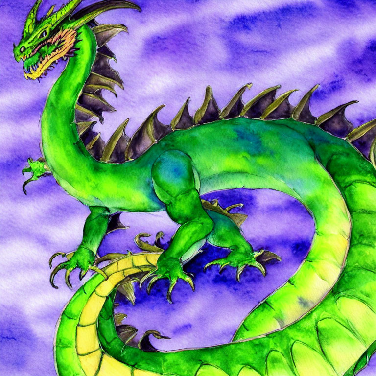 Detailed Watercolor Illustration of Green Dragon with Yellow Underbelly