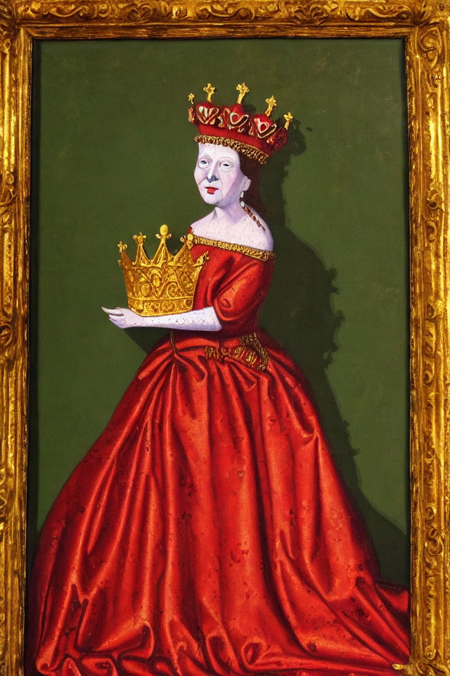 Portrait of a Queen in Red Dress with Crown and Green Background