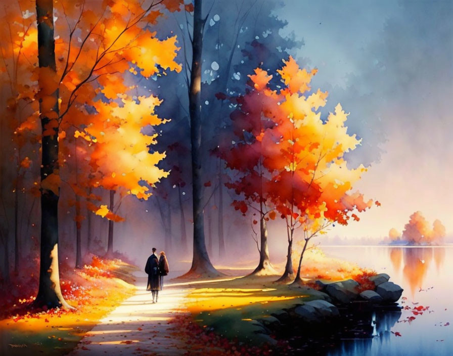 Autumn forest path with couple by lake, colorful leaves & sunlight