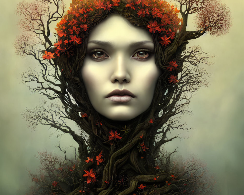 Digital artwork: Woman's face with tree branches and autumn leaves as hair