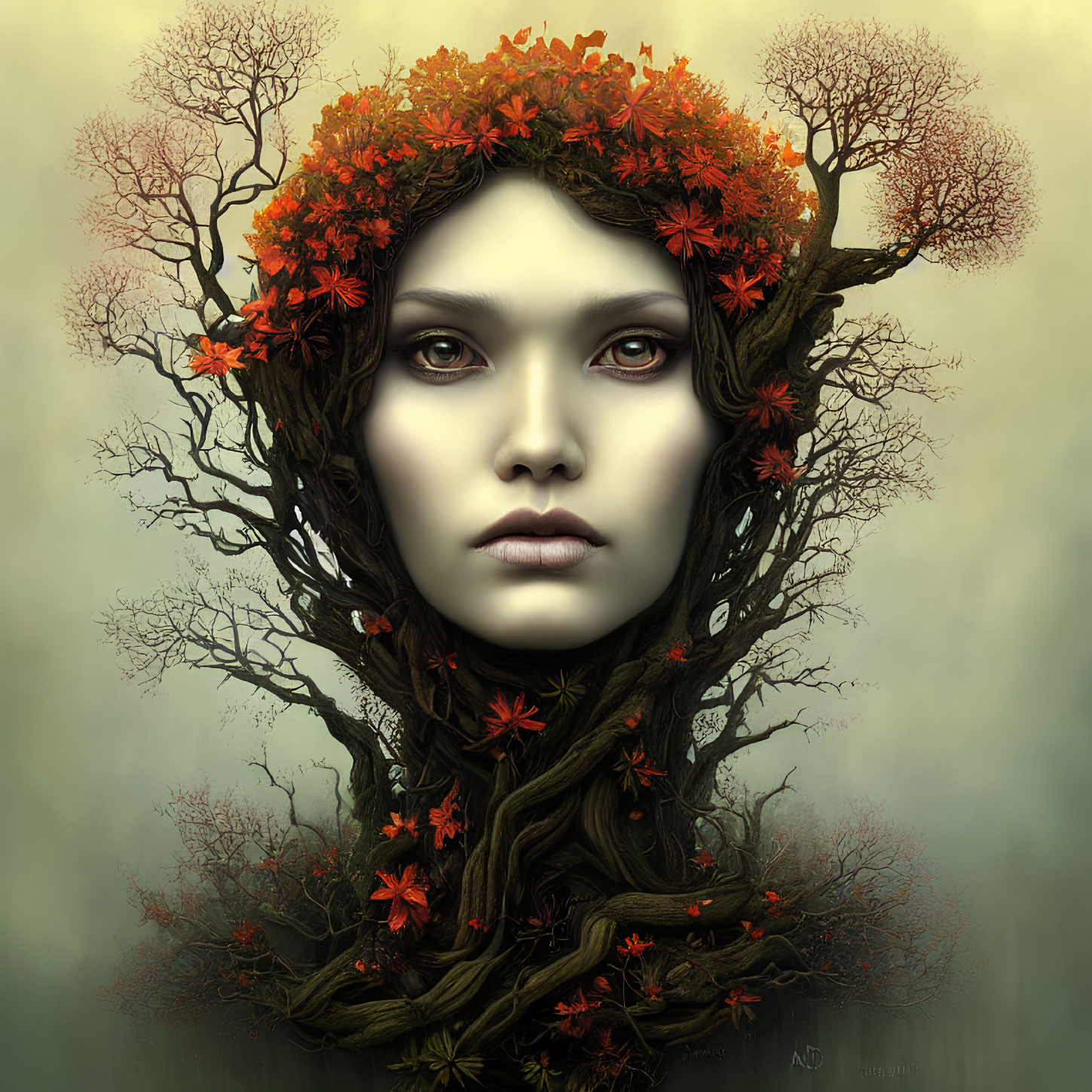 Digital artwork: Woman's face with tree branches and autumn leaves as hair