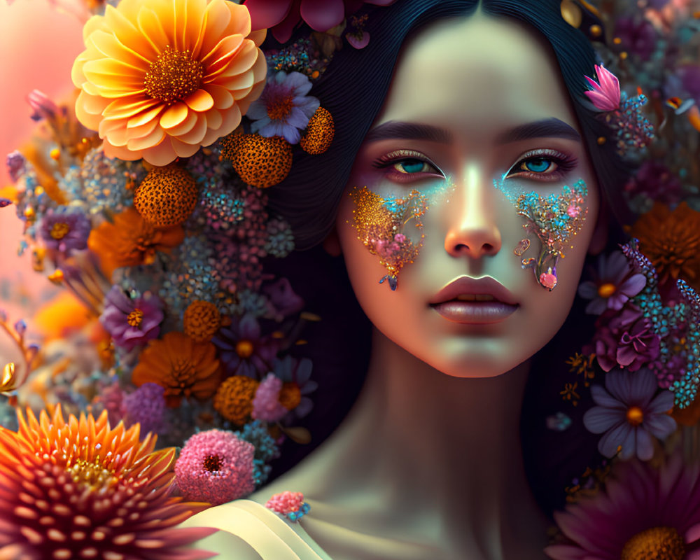Vibrant surreal portrait of a woman with glittering cheeks and colorful floral bouquet