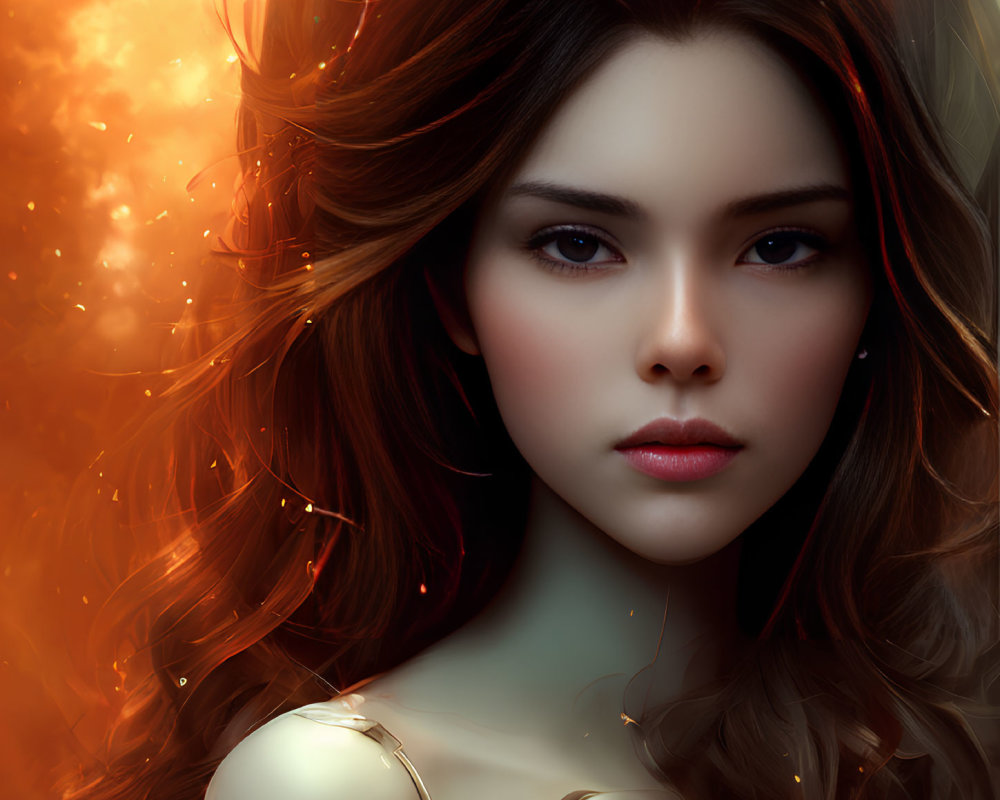 Detailed digital portrait of woman with flowing hair against fiery orange backdrop