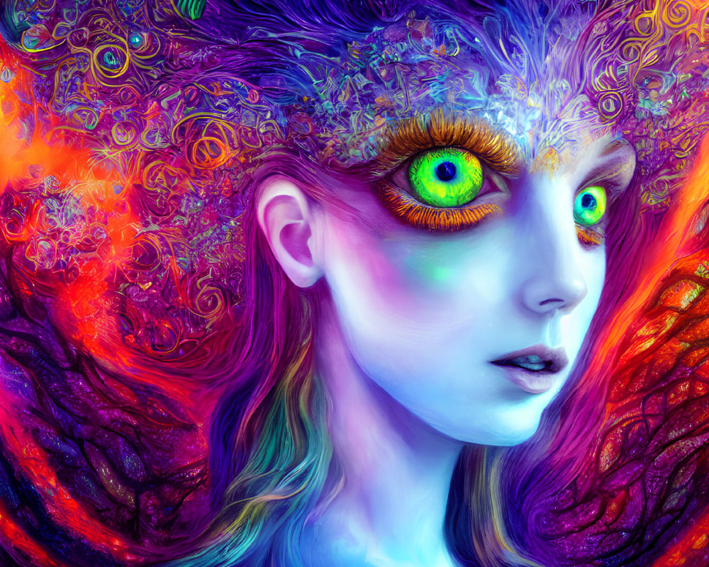 Colorful digital art: Female figure with elaborate headdress and green eyes on fiery background