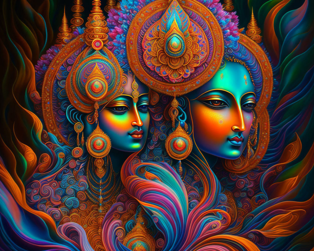 Blue-skinned figures in ornate attire surrounded by swirling colors