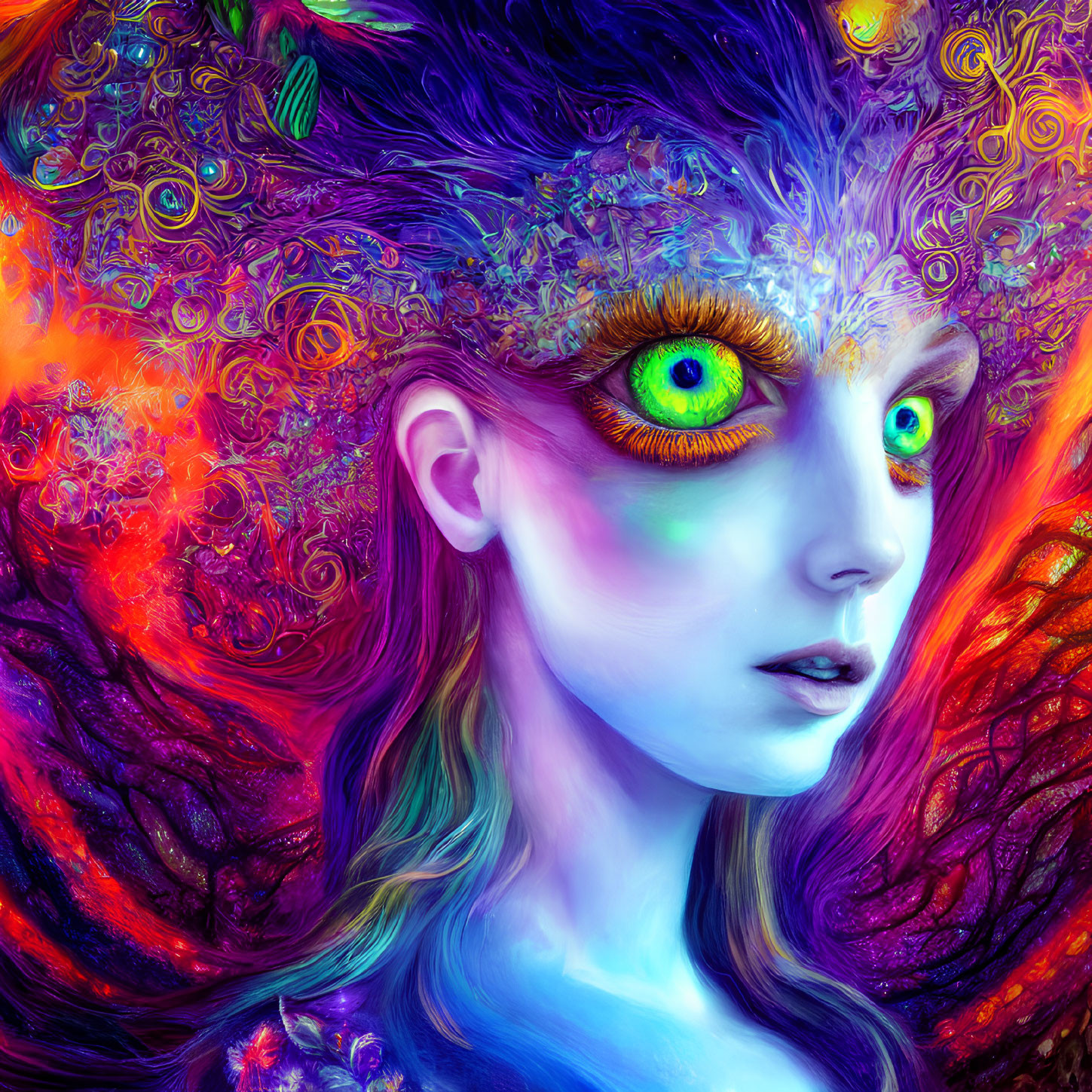Colorful digital art: Female figure with elaborate headdress and green eyes on fiery background