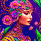 Colorful digital portrait of a woman with floral headpiece and botanical designs on face and neck.