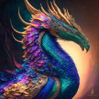 Colorful mythical peacock-dragon creature in digital art.