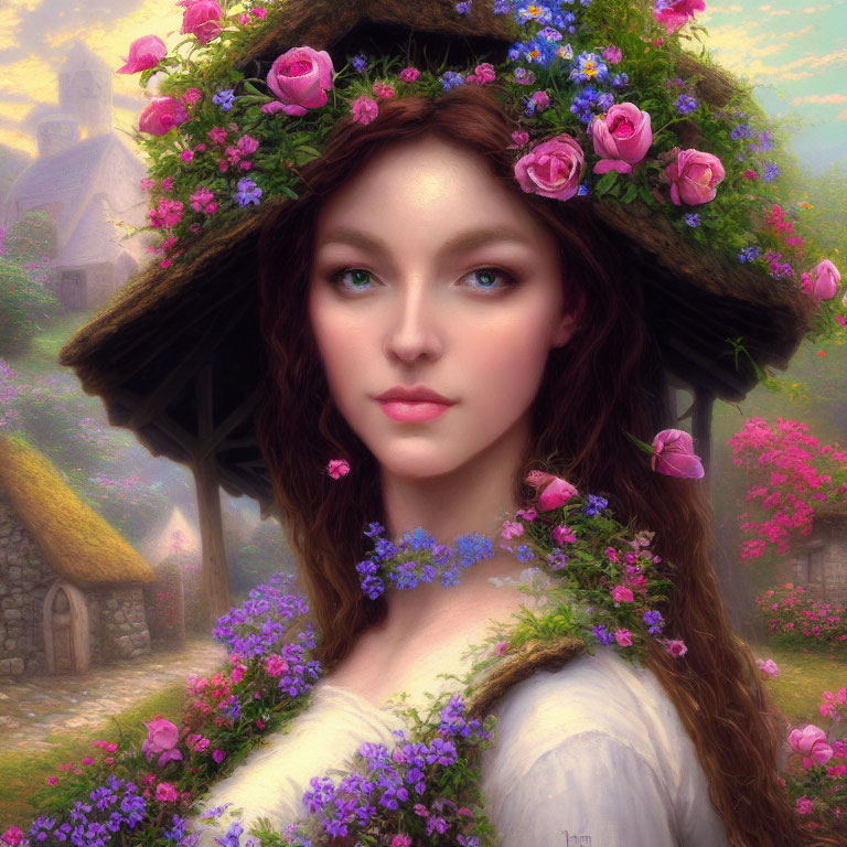 Woman with Flowers in Hair in Pastel Rural Landscape
