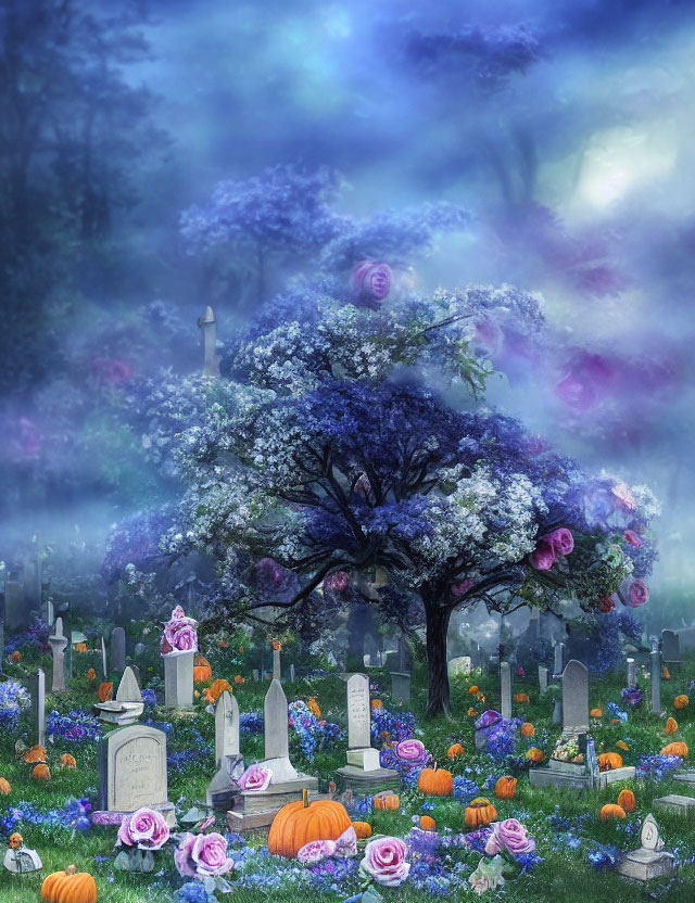 Mystical cemetery scene with blooming tree, pumpkins, and purple roses