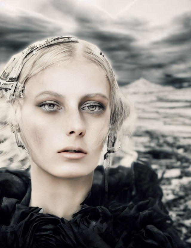 Woman with Silver Headpiece and Smoky Eye Makeup in Dramatic Landscape