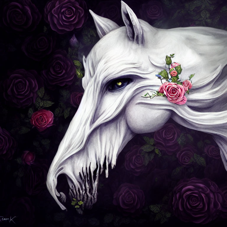 Mystical white wolf with floral eye arrangement in dark purple rose backdrop