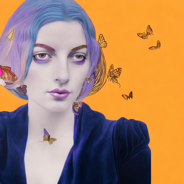 Purple-haired person with makeup on orange background with illustrated butterflies.