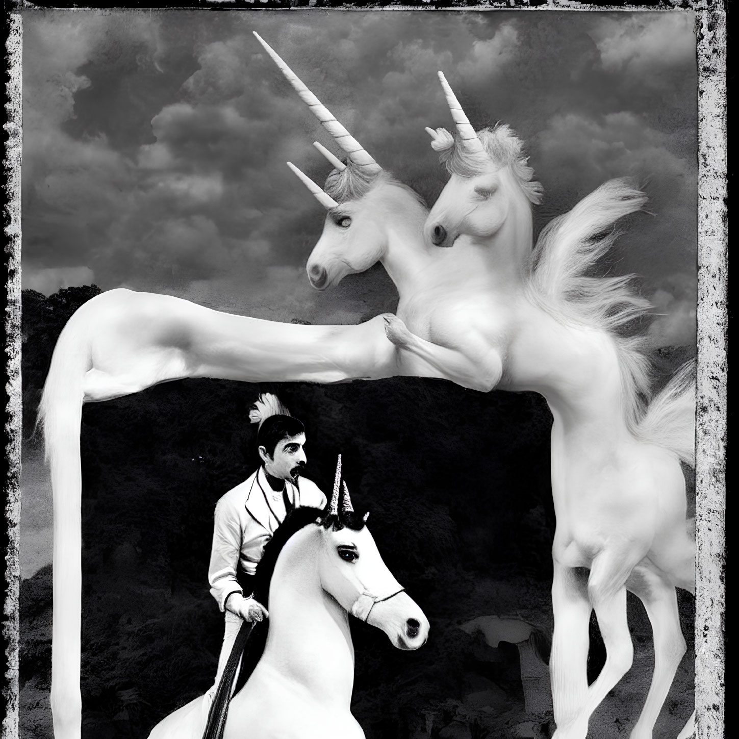 Surreal black and white image of person with unicorn horn riding unicorn