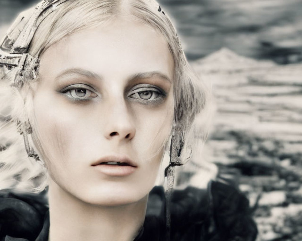 Woman with Silver Headpiece and Smoky Eye Makeup in Dramatic Landscape