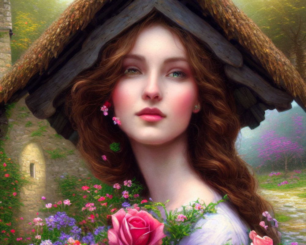 Woman with Thatched Cottage Roof Hat Surrounded by Flowers