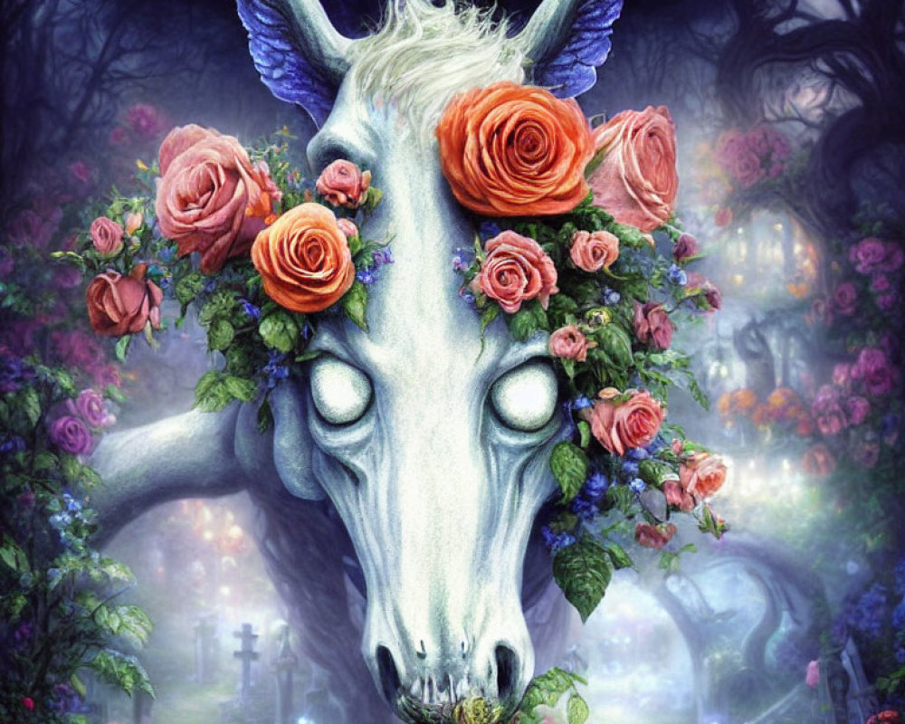Unicorn head with floral wreath in enchanted forest scene