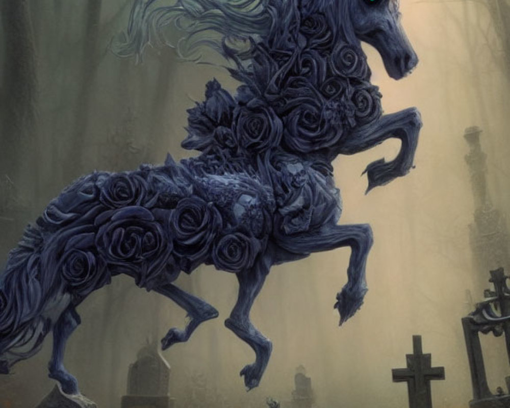 Blue Rose Horse Galloping in Foggy Graveyard