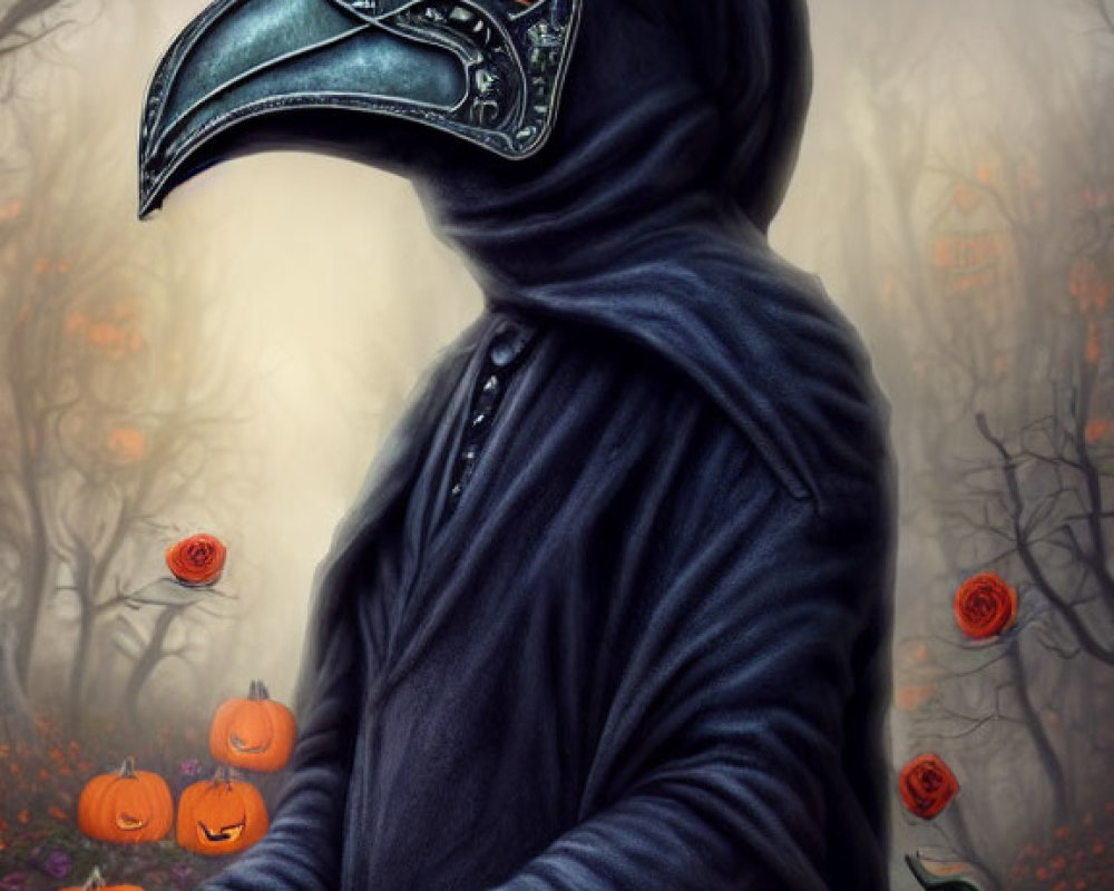 Person in Dark Cloak with Plague Doctor Mask in Misty Pumpkin Forest
