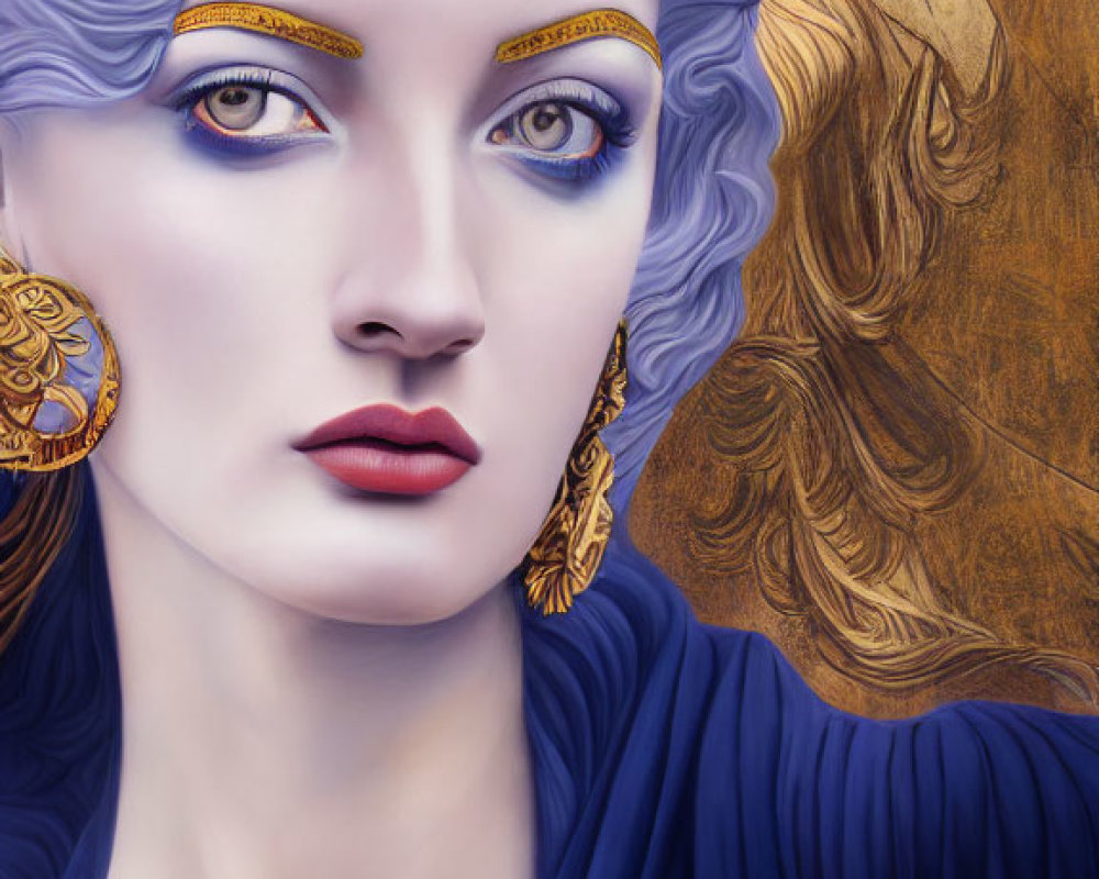 Stylized illustration of a woman with wavy hair, blue eyes, gold makeup, earrings,