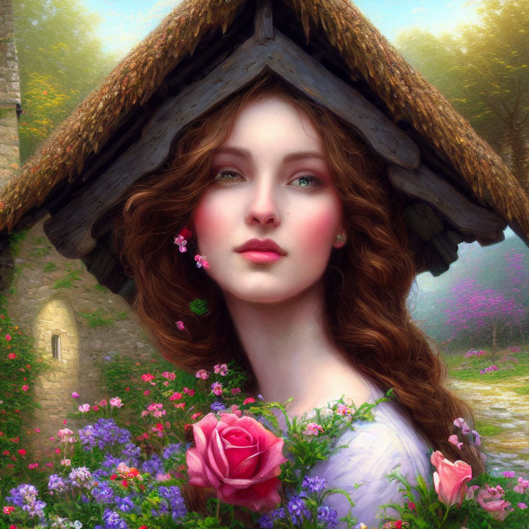 Woman with Thatched Cottage Roof Hat Surrounded by Flowers