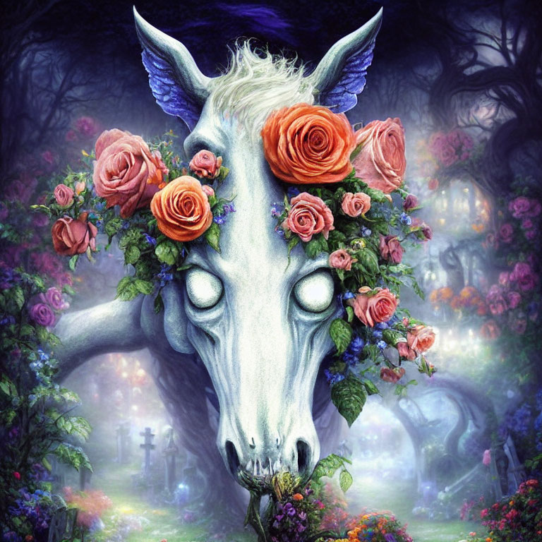 Unicorn head with floral wreath in enchanted forest scene