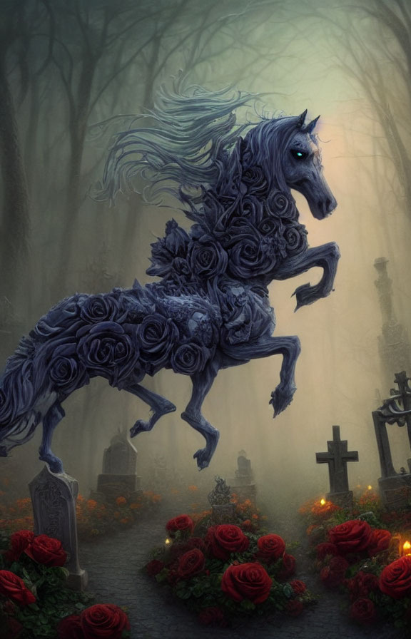 Blue Rose Horse Galloping in Foggy Graveyard