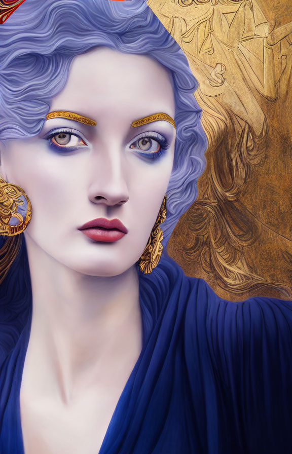Stylized illustration of a woman with wavy hair, blue eyes, gold makeup, earrings,