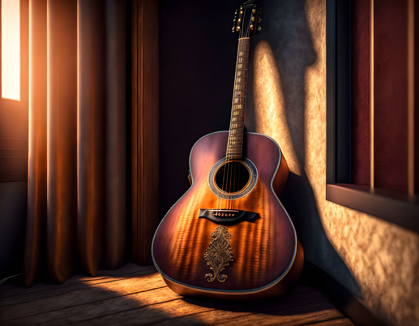 Acoustic guitar by sunlit window with dark curtain