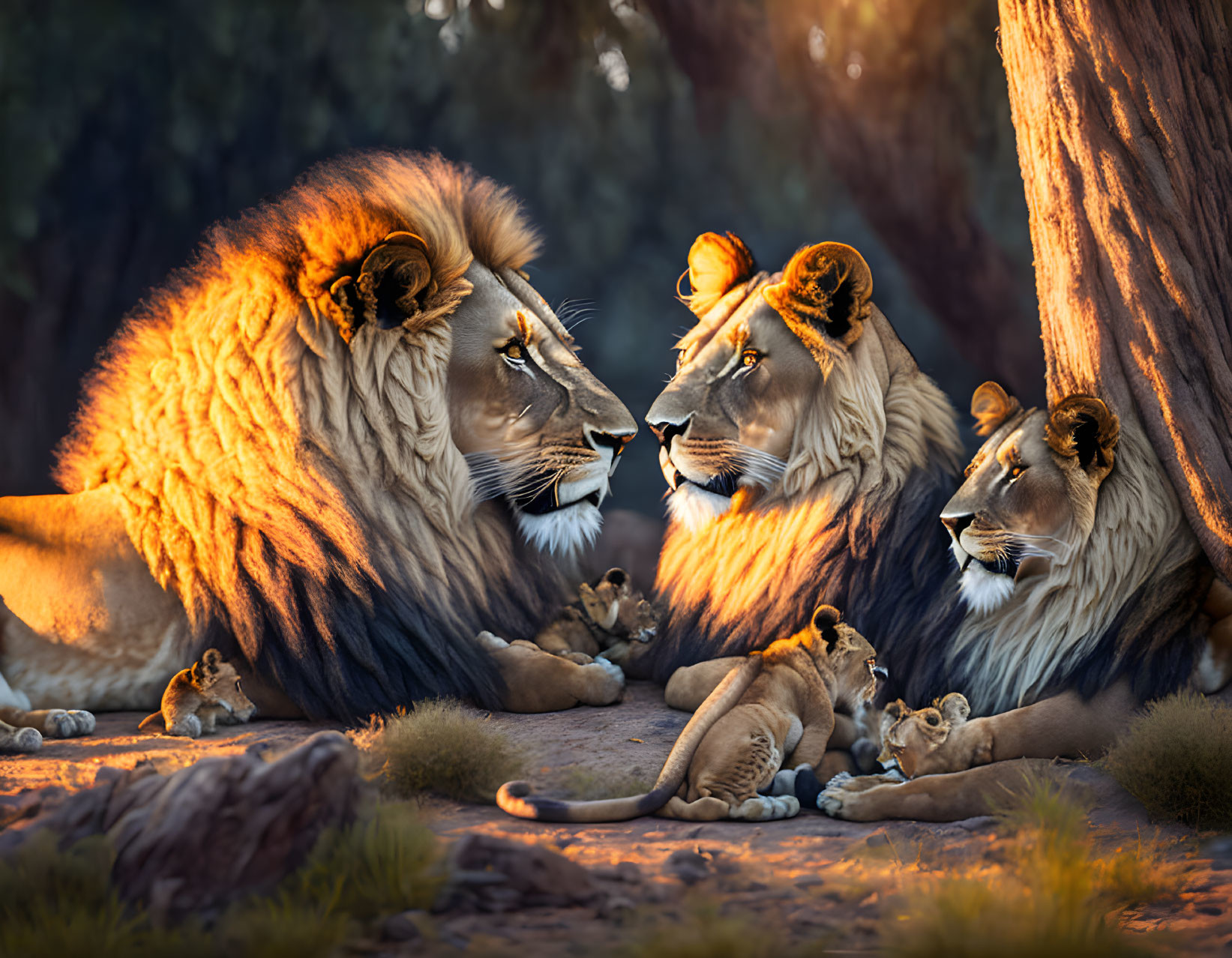 Pride of lions with males, cubs relax in golden light