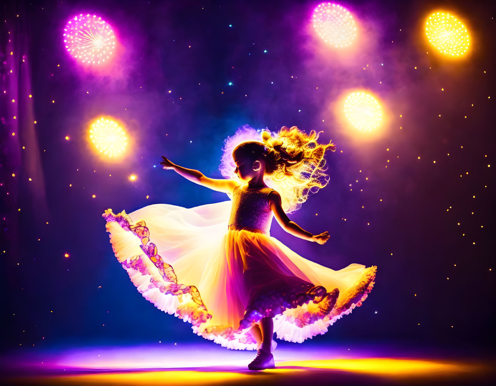 Young girl twirling in flowy dress amidst vibrant orbs and fireworks