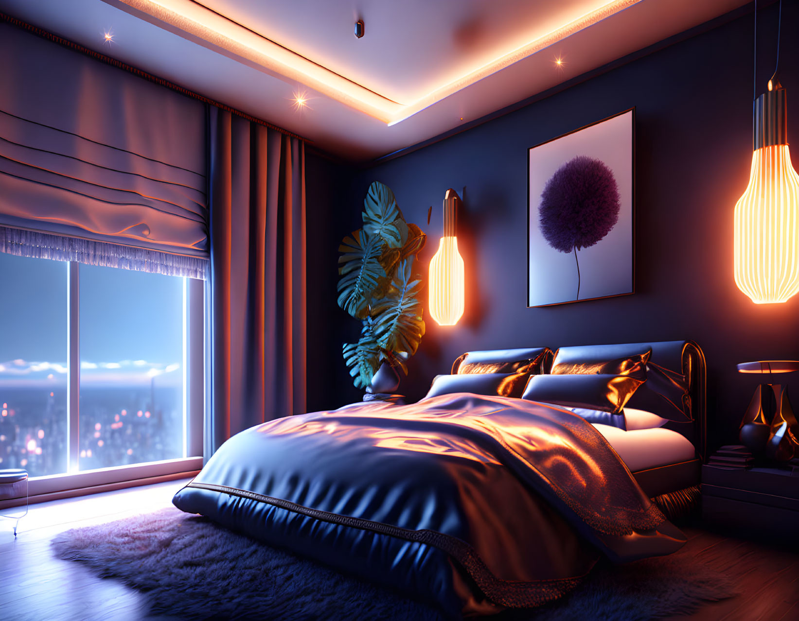 Modern Bedroom at Night with Purple Ambient Lighting and City View