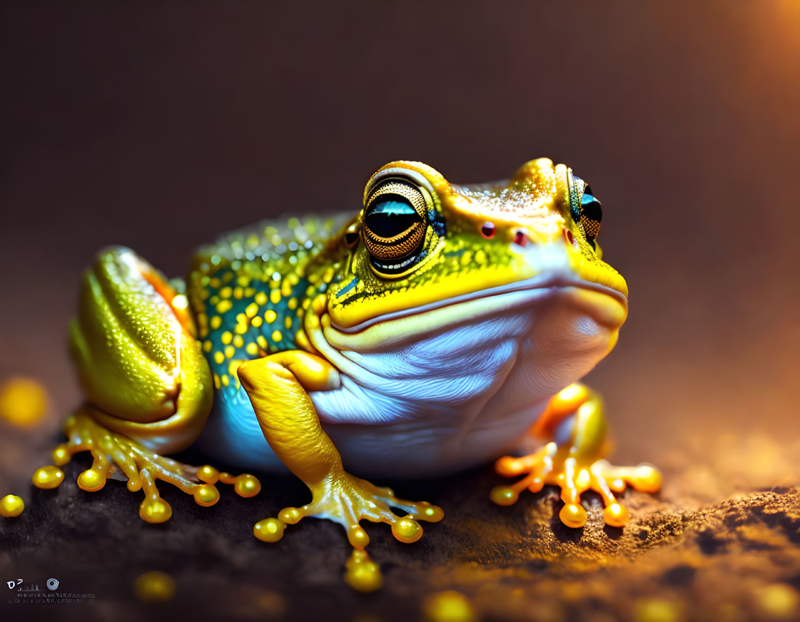 Colorful Frog with Glossy, Bumpy Skin on Textured Surface