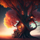 Glowing treehouse in ancient tree at sunset