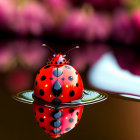 Red ladybug with black spots reflected on water surface against blurred pink floral background