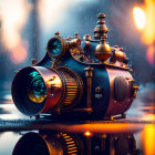 Intricate steampunk-style camera on wet surface with warm lights