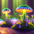 Colorful Glowing Mushrooms in Mystical Forest Setting