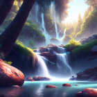 Tranquil forest scene: waterfall, sunlight, mist, trees