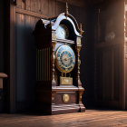 Ornate grandfather clock in room with wooden walls and sunlight filtering through window