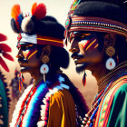 Native American individuals in vibrant regalia with feathered headdresses under warm sunlight