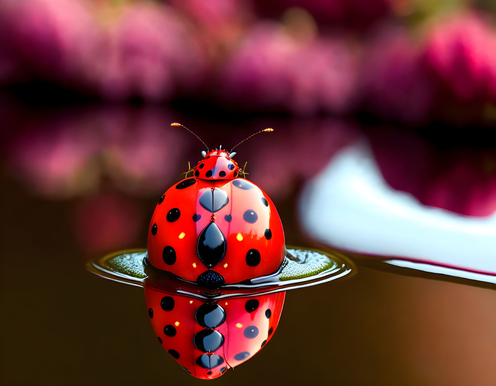 Red ladybug with black spots reflected on water surface against blurred pink floral background