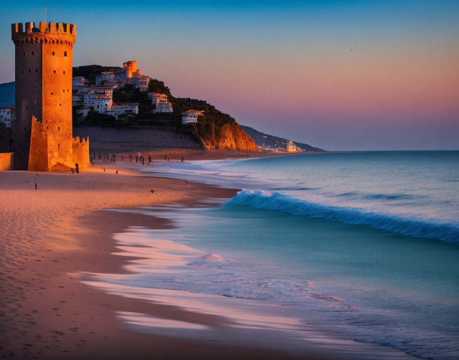 Tranquil beach scene at dusk with historical tower and gentle waves