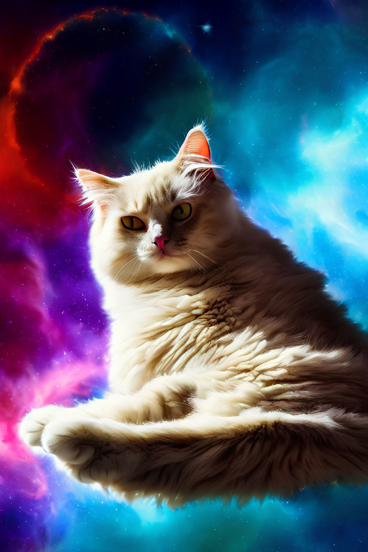 White Fluffy Cat on Cosmic Background with Nebula